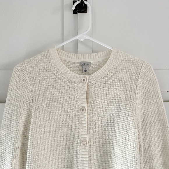 L.L. Bean Cream Cotton Cashmere Waffle Knit Button Front Cardigan Sweater Small - Picture 2 of 6